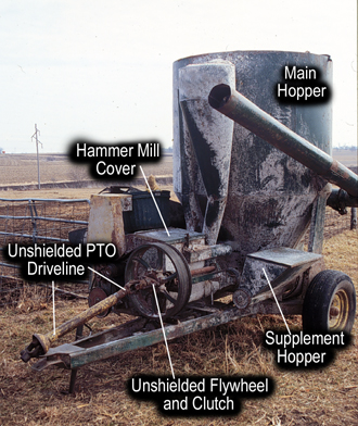 Picture 1: Grinder mixer with captions indicating PTO driveline, hammer mill cover, main hoper, supplement hopper, and unshielded flywheel and clutch