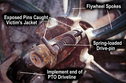 Picture 3: shows exposed pins, flywheel spokes, implement end of PTO driveline, and spring-loaded drive-pin