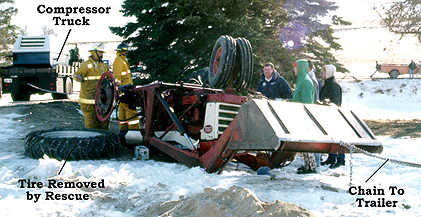 Photo 2: overturned tractor with captions noting location of compressor truck, tire removed by rescue, and chain to trailer