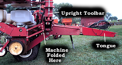 Photo 2: side view of planter with captions noting location of upright toolbar, tongue, and where machine folded